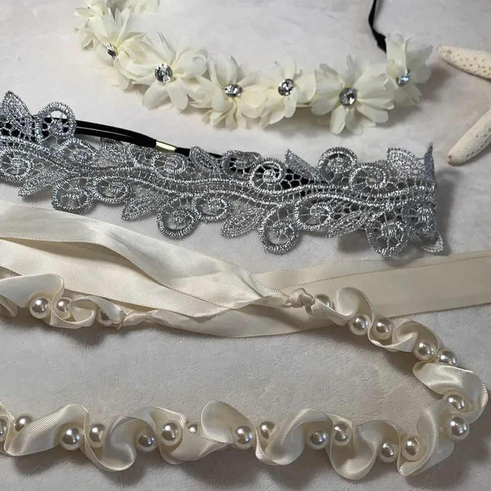 Lot of Four Headbands Cream and Silver Theme Starfish Faux Pearl Lace